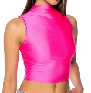 New AKIRA Neon Pink Shiny High Neck Sleeveless Biker Bodycon Crop Top